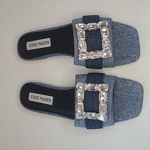 Steve Madden Denim Rhinestone Buckle Slide Sandals Size 6.5